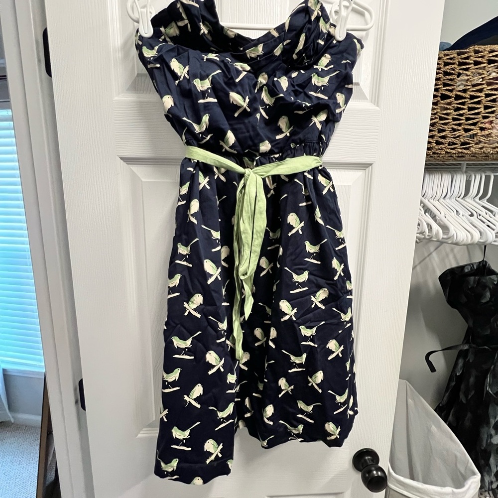 Strapless Navy Dress with Green Bird Pattern and Satin Belt